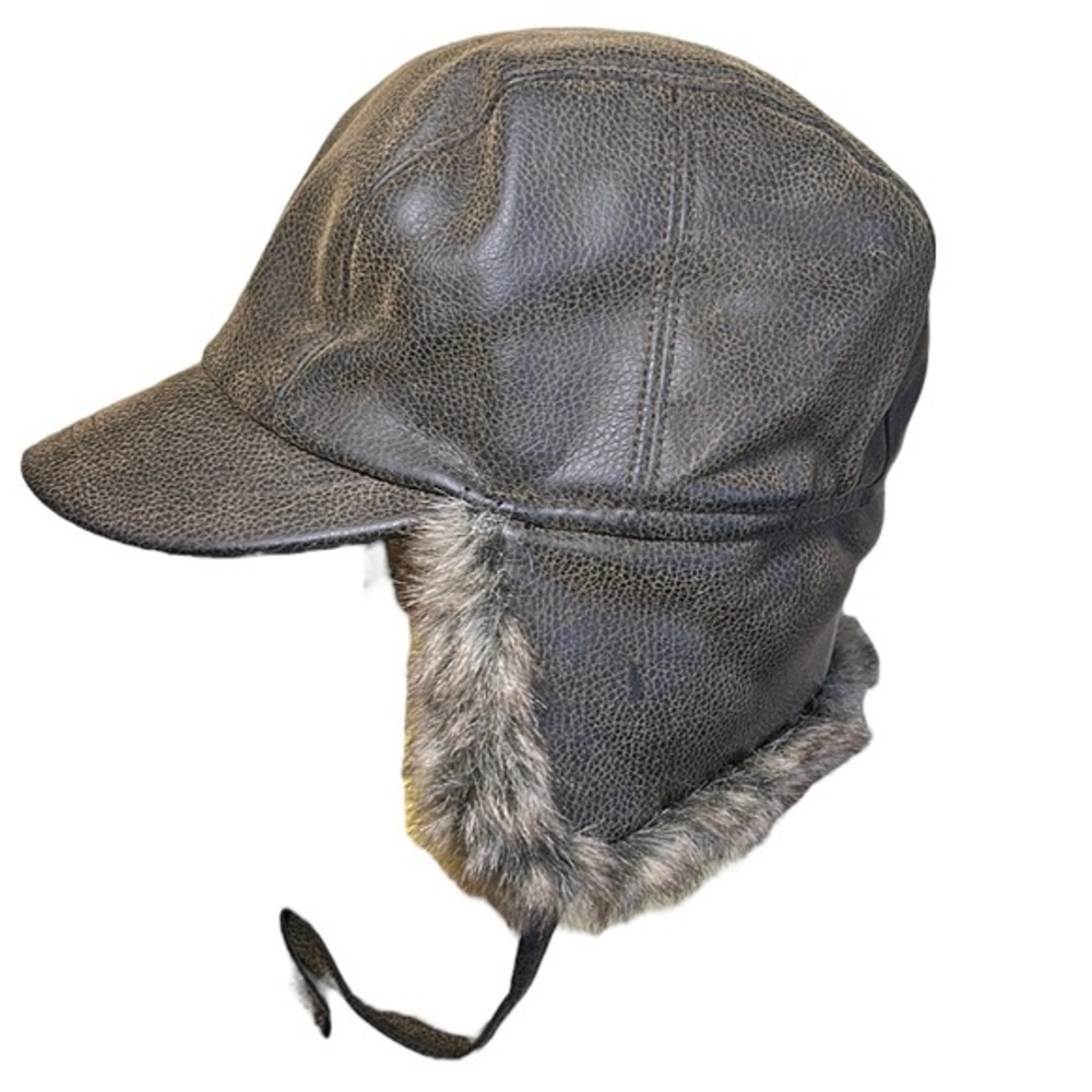 Ganka GSK faux leather faux fur aviator hat size medium‎